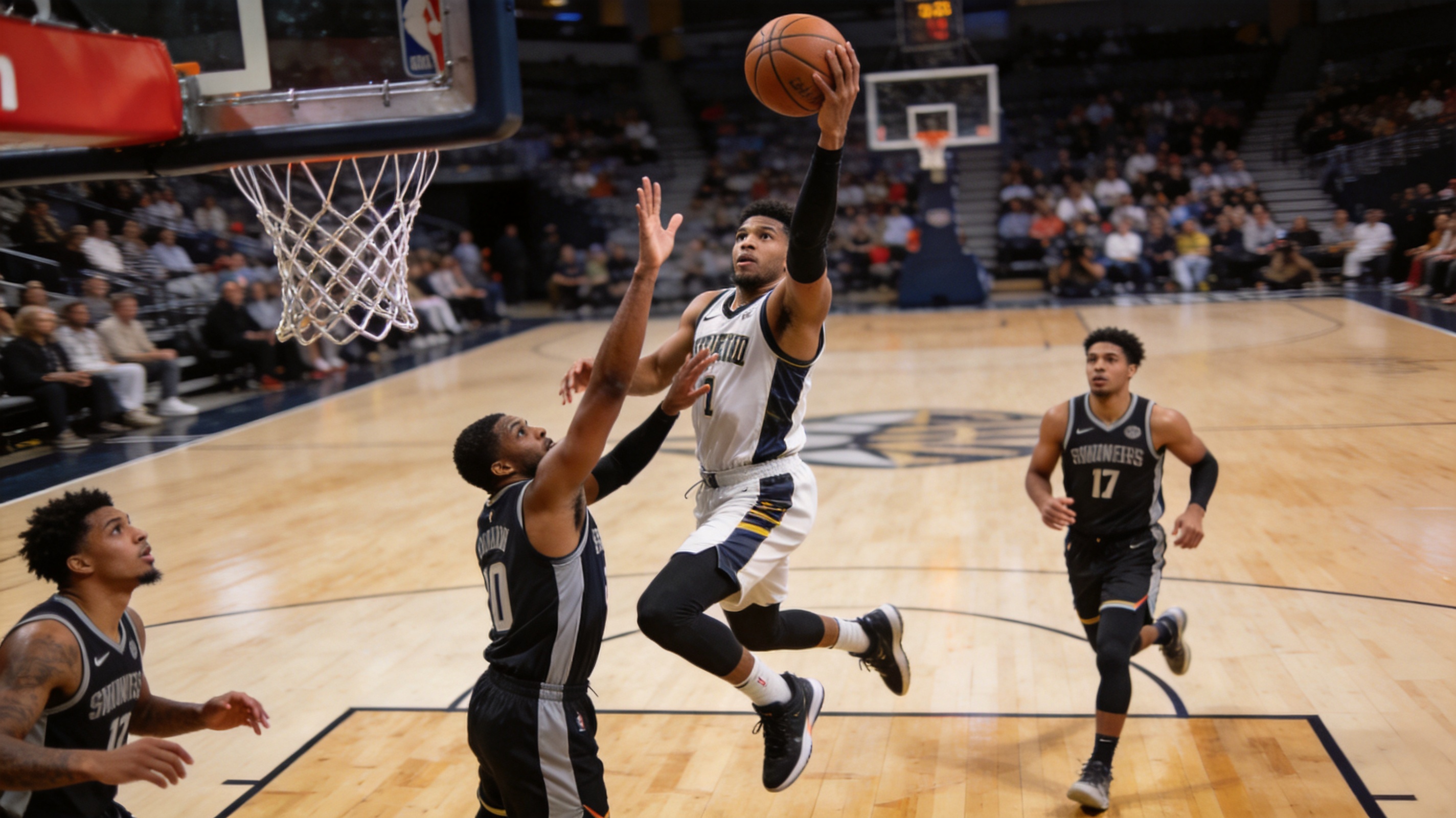 篮球比赛中球员突破上篮的精彩瞬间